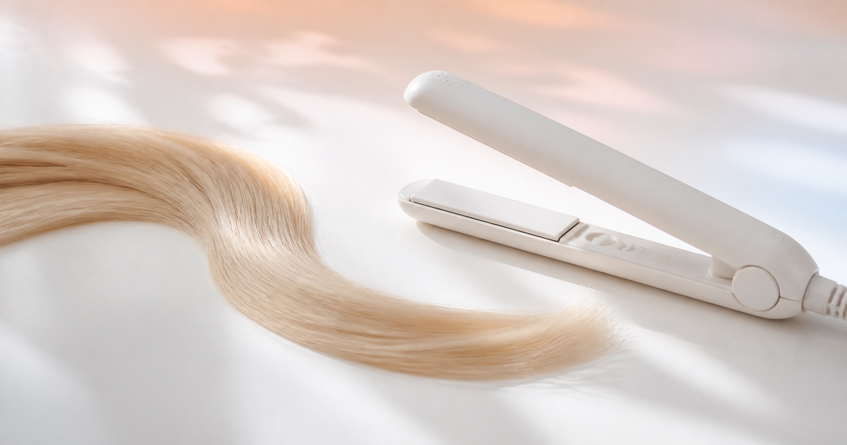 淡いブロンドの毛束と白いストレートヘアアイロン